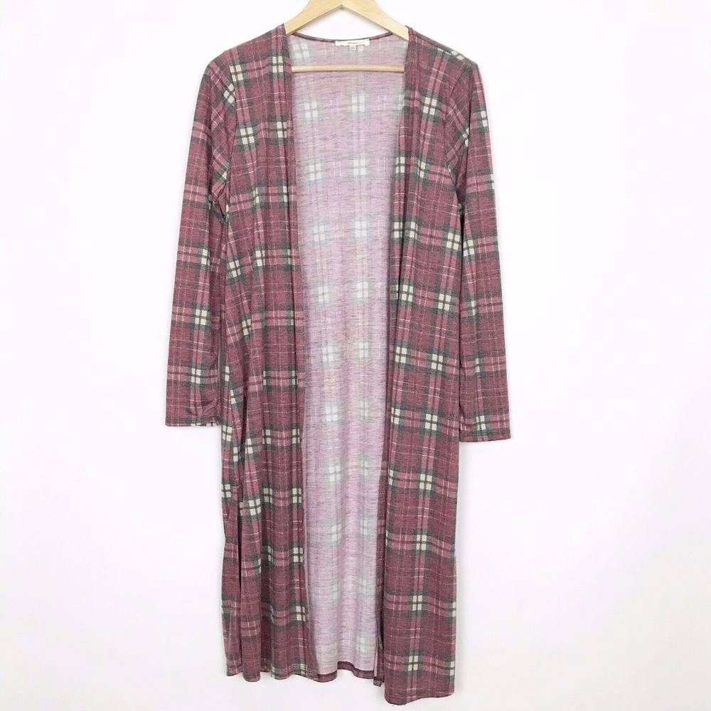 Andree By Unit Red Plaid Long Line Open Medium Duster Cardigan Top with Slits